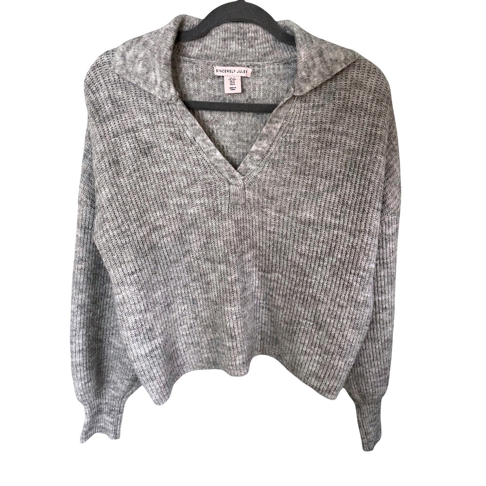 Sincerely Jules Womens Grey Marl Ribbed Knit Polo Collar V-Neck Sweater Small